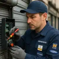 Technicien certifié intervenant sur un rideau métallique à Paris